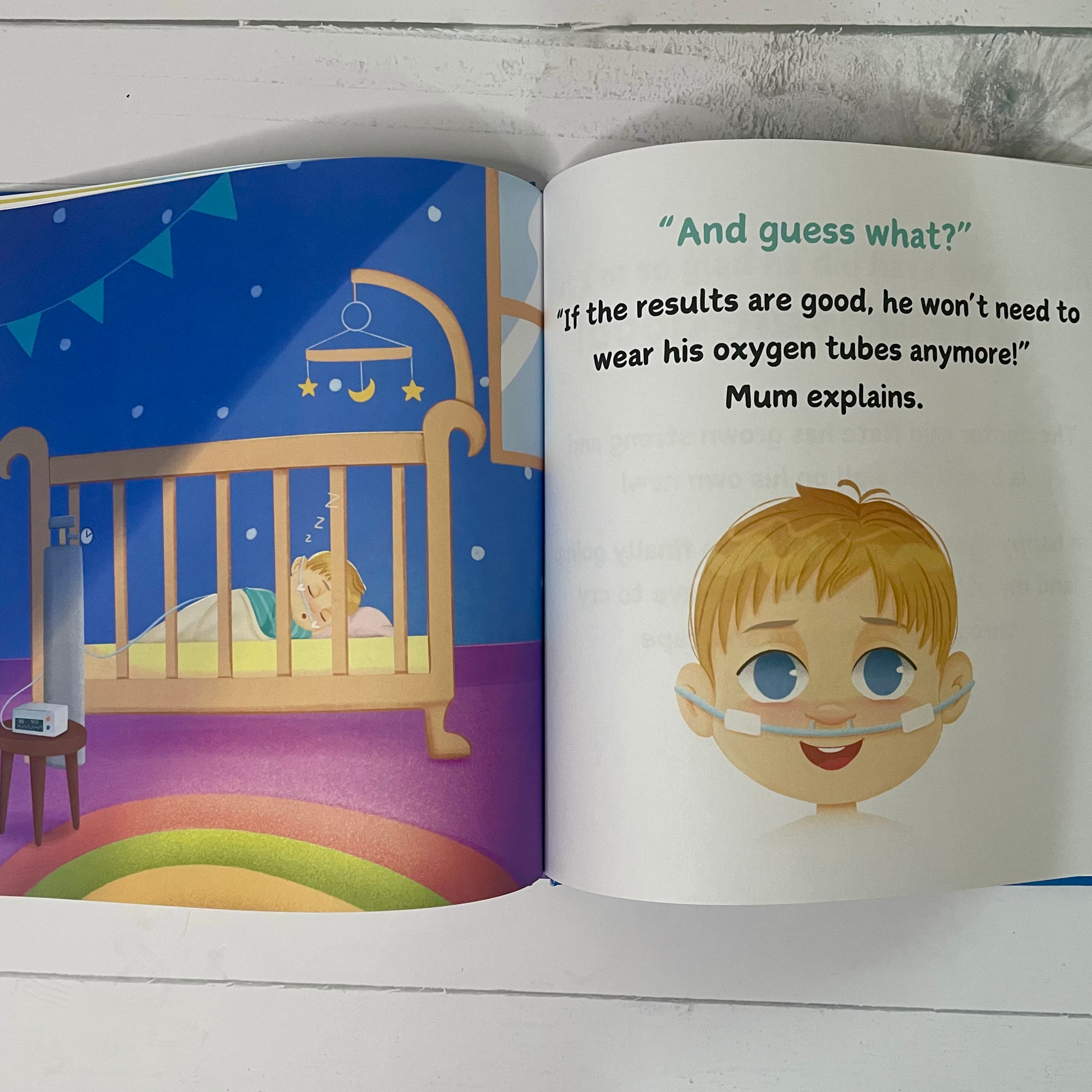 Children's picture book. A Tale About My Brother's Tail. A story about oxygen-dependent babies and sleep apnea. Internal page spread