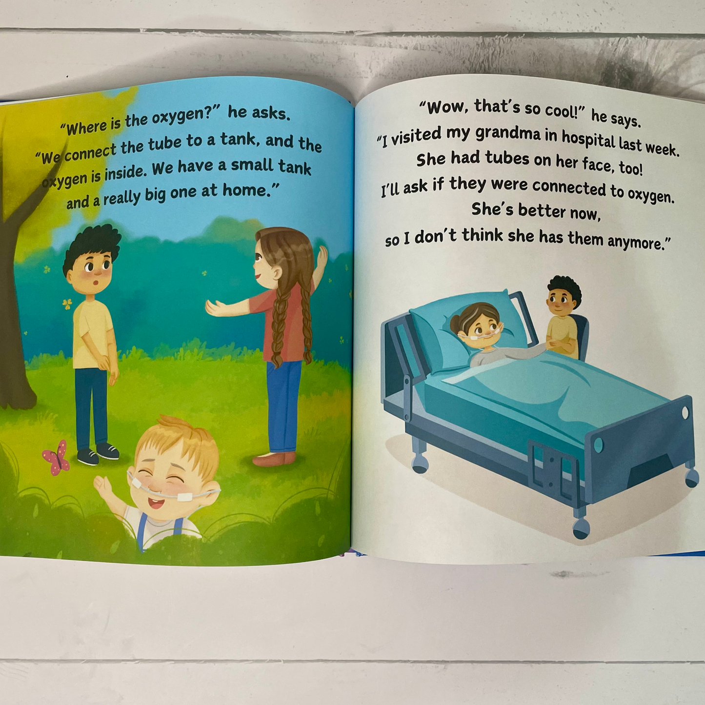 Children's picture book. A Tale About My Brother's Tail. A story about oxygen-dependent babies and sleep apnea. Internal page spread