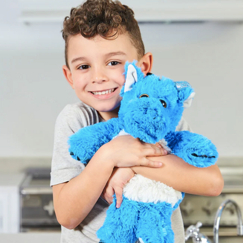 A boy hugging a Blue Dragon - Warmies brand heatbag