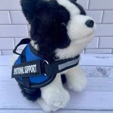 border collie plush dog wearing emotional support vest