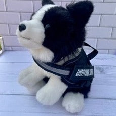 border collie plush dog wearing emotional support vest