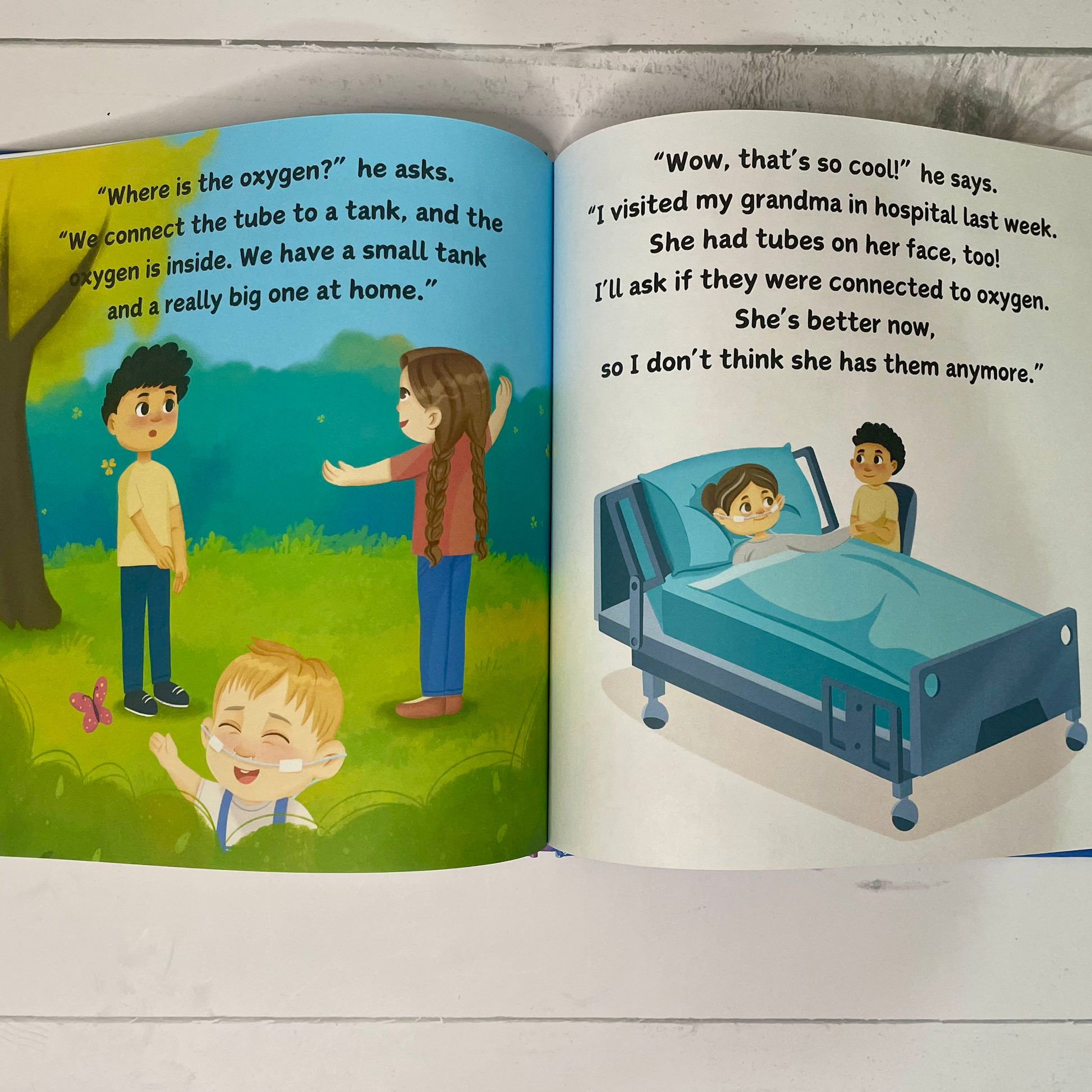 Children's picture book. A Tale About My Brother's Tail. A story about oxygen-dependent babies and sleep apnea. Internal page spread