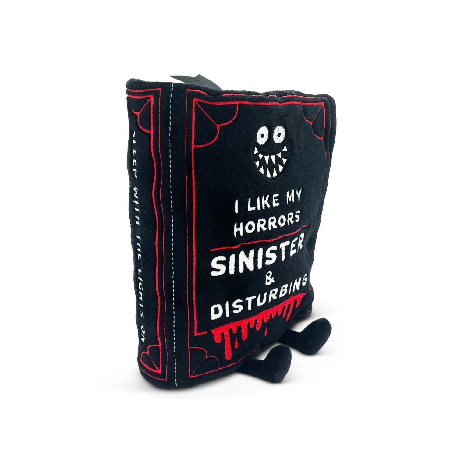 Black pouch with red accents and a ghostly face design on a white background