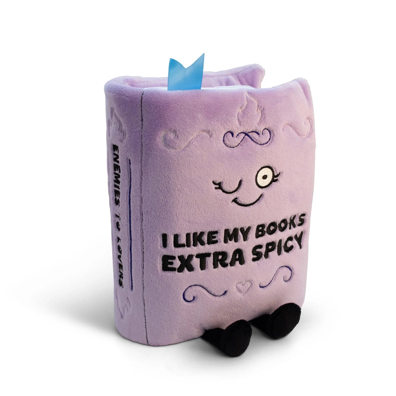 Plush book-shaped toy with a face and text on a white background