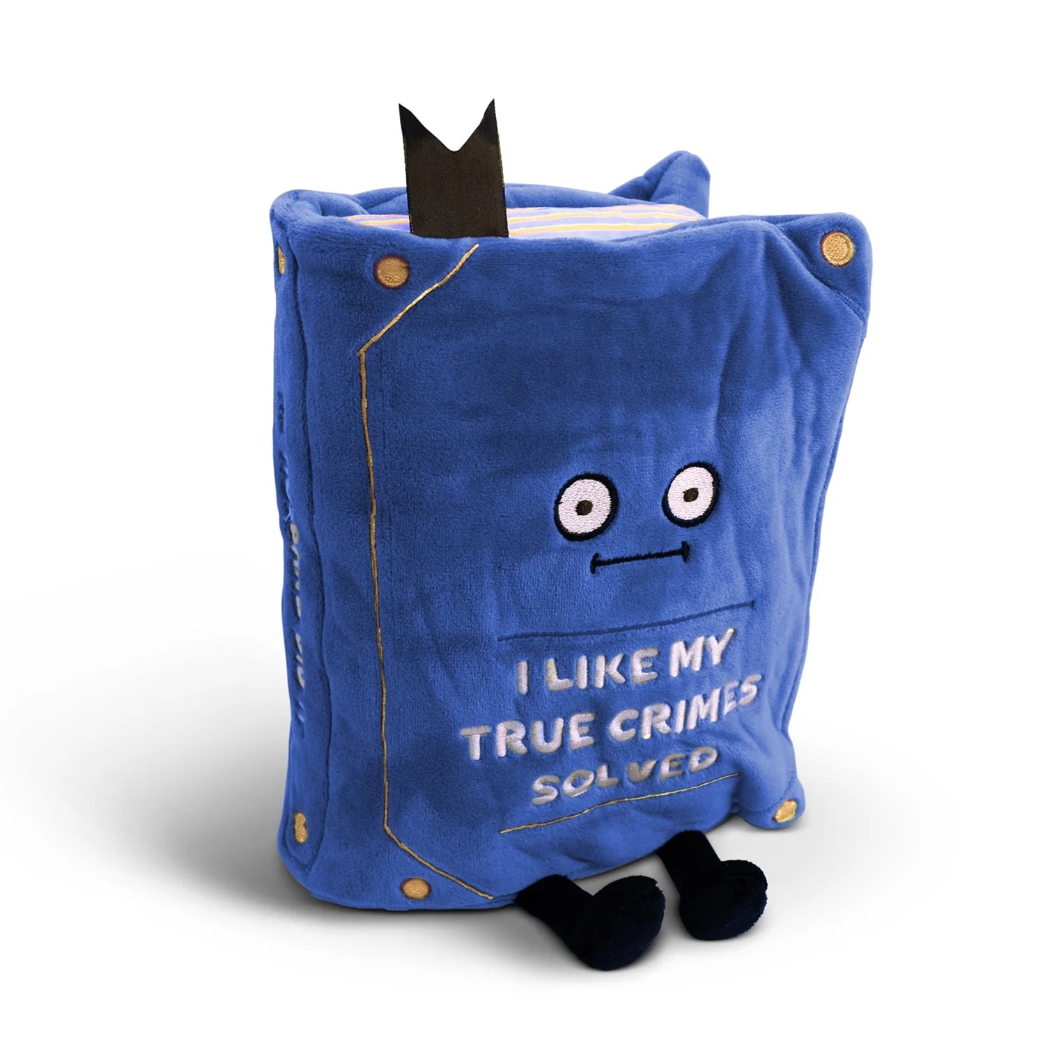 Blue plush toy with a crown and text on a white background