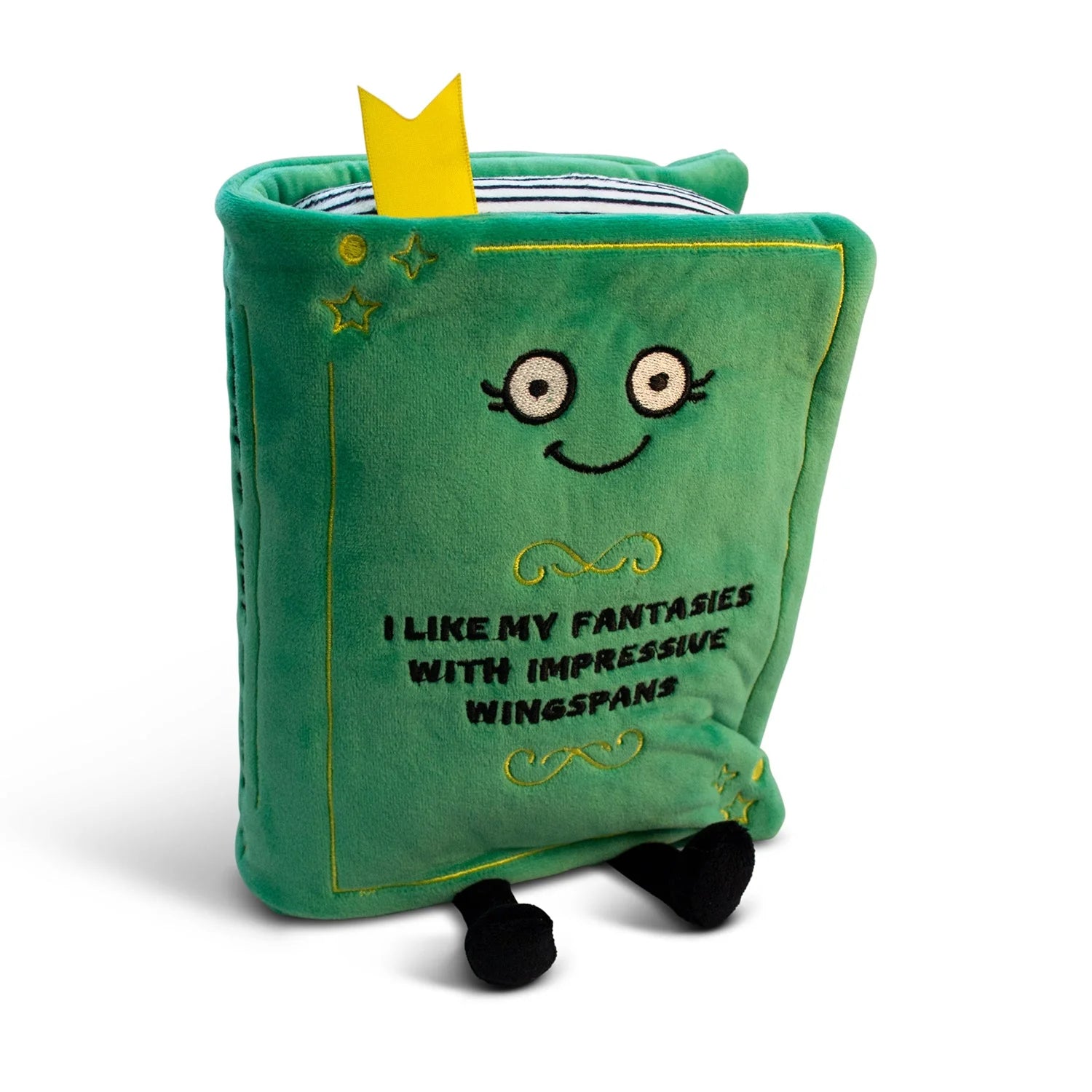 Green plush toy book with a face and text on a white background