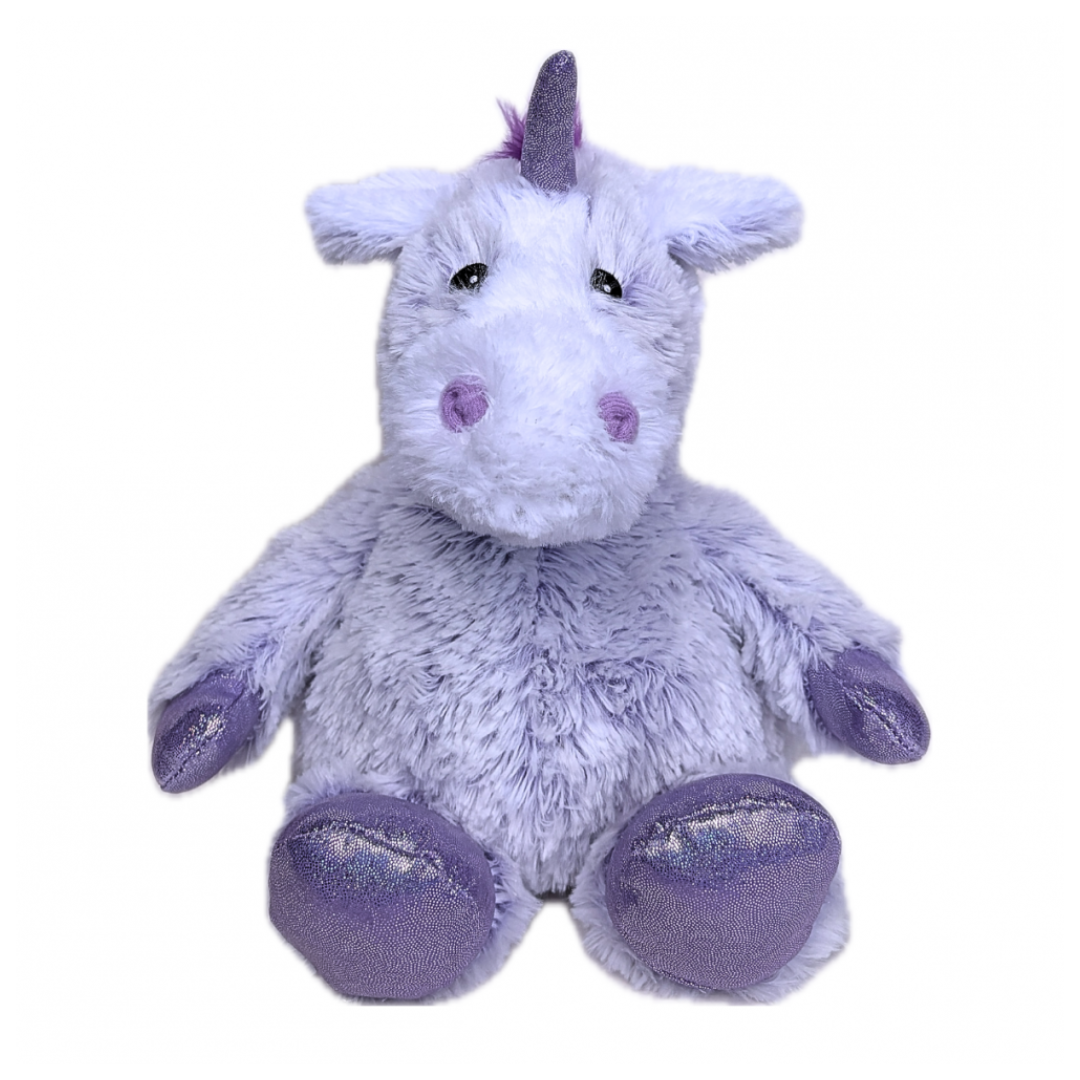Plush unicorn toy with purple accents on a white background