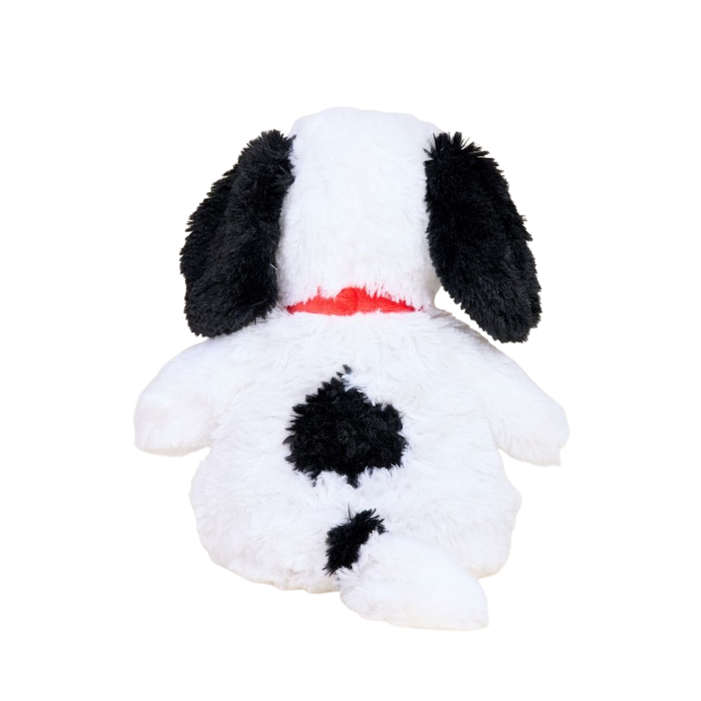 Plush toy dog with black spots and a red collar on a white background