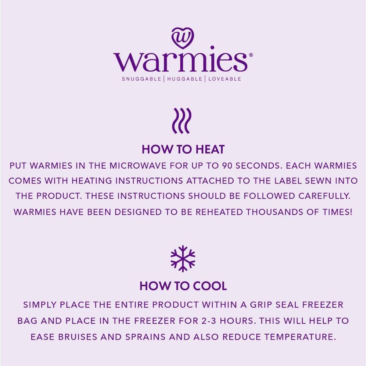 Warmies brand - weighted, lavender scented heat bag - instructions