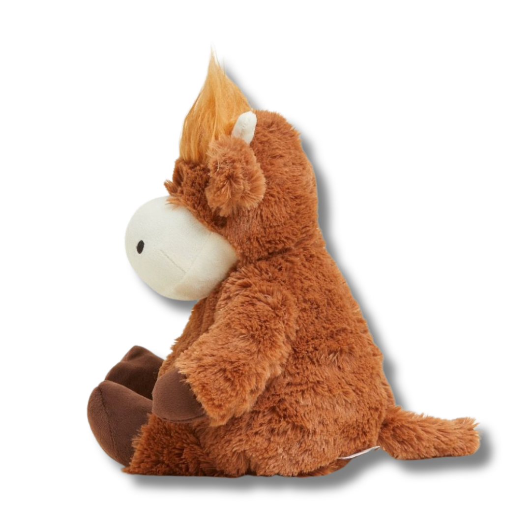 Plush toy resembling a brown animal with a white face on a white background