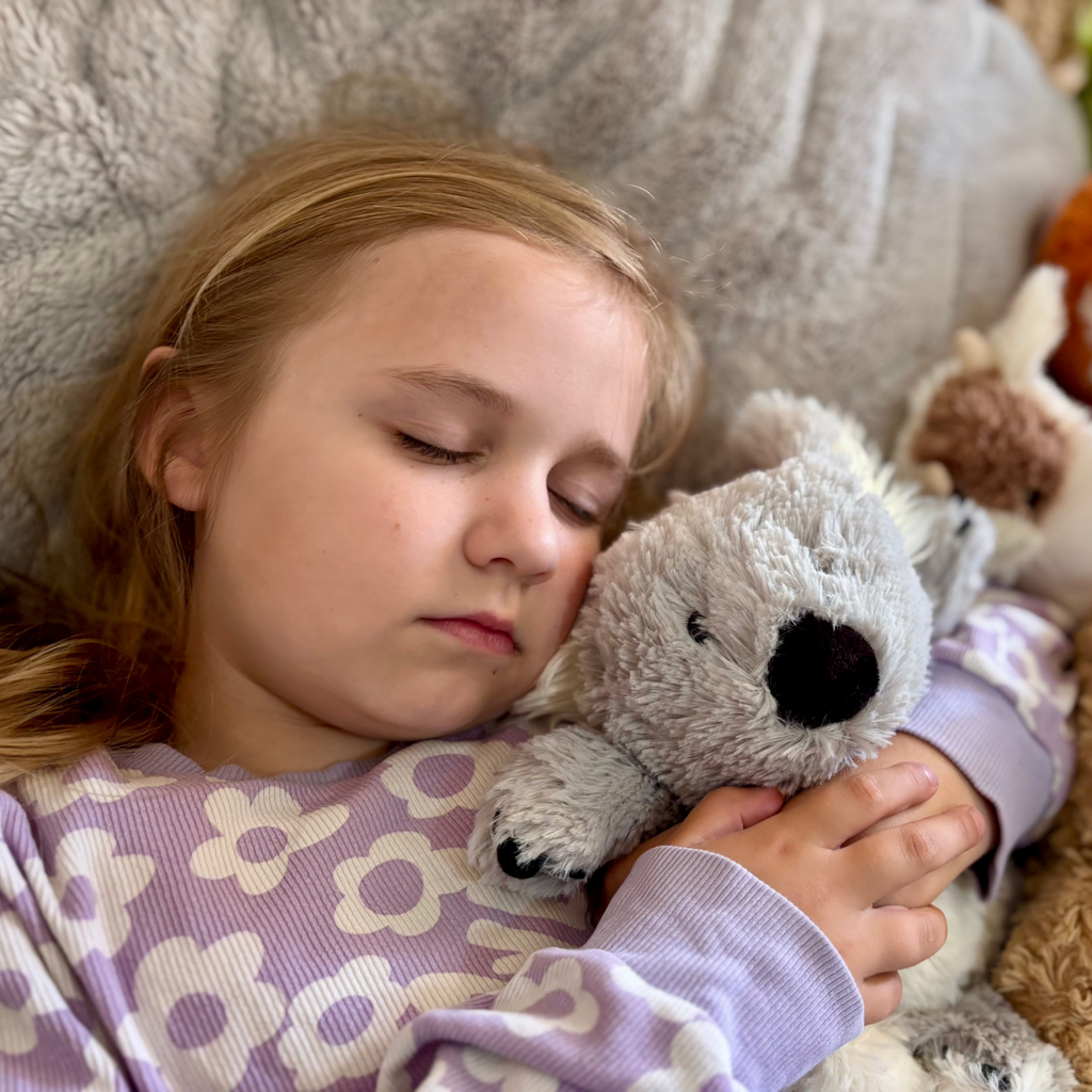 Girl sleeping holding Koala plushie - Warmies brand - weighted, lavender scented heat bag 