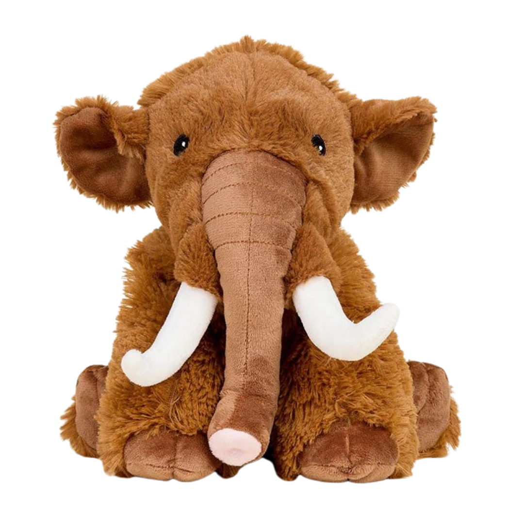Plush elephant toy with brown fur, white tusks, and black eyes on a white background
