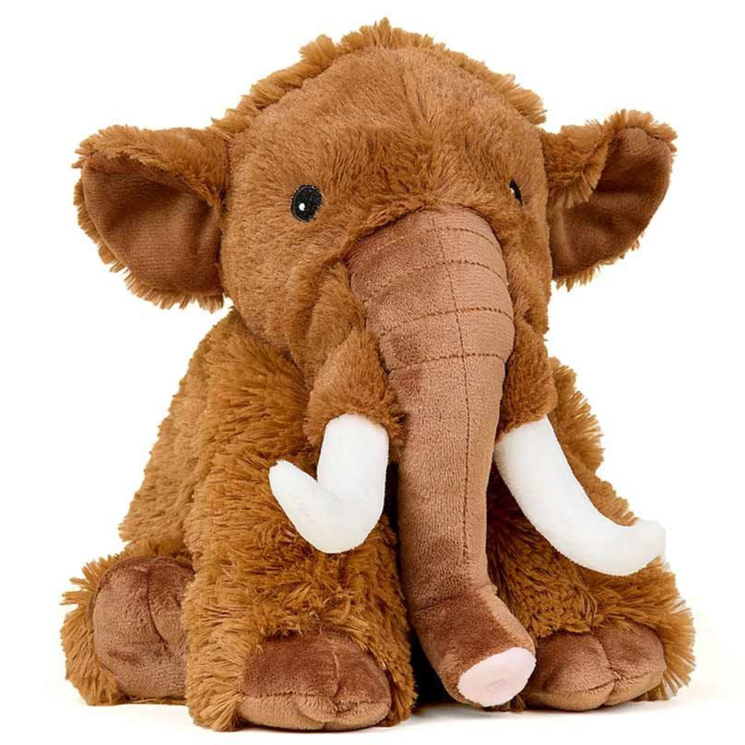 Brown plush elephant toy with white tusks on a white background